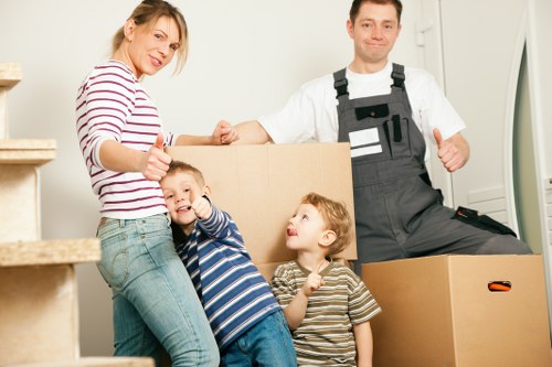 Furniture and boxes arranged for a cubic-yard moving estimate